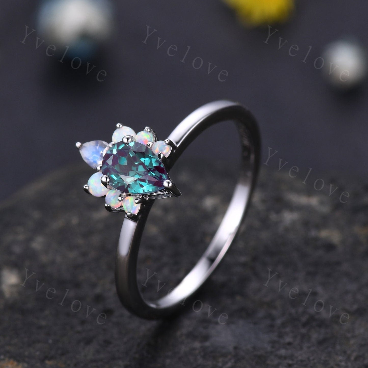 Vintage Pear Alexandrite Opal Engagement Ring,White Gold Ring,Art Deco Moonstone Wedding Ring,Unique Anniversary Ring Gift,Personalized Gems