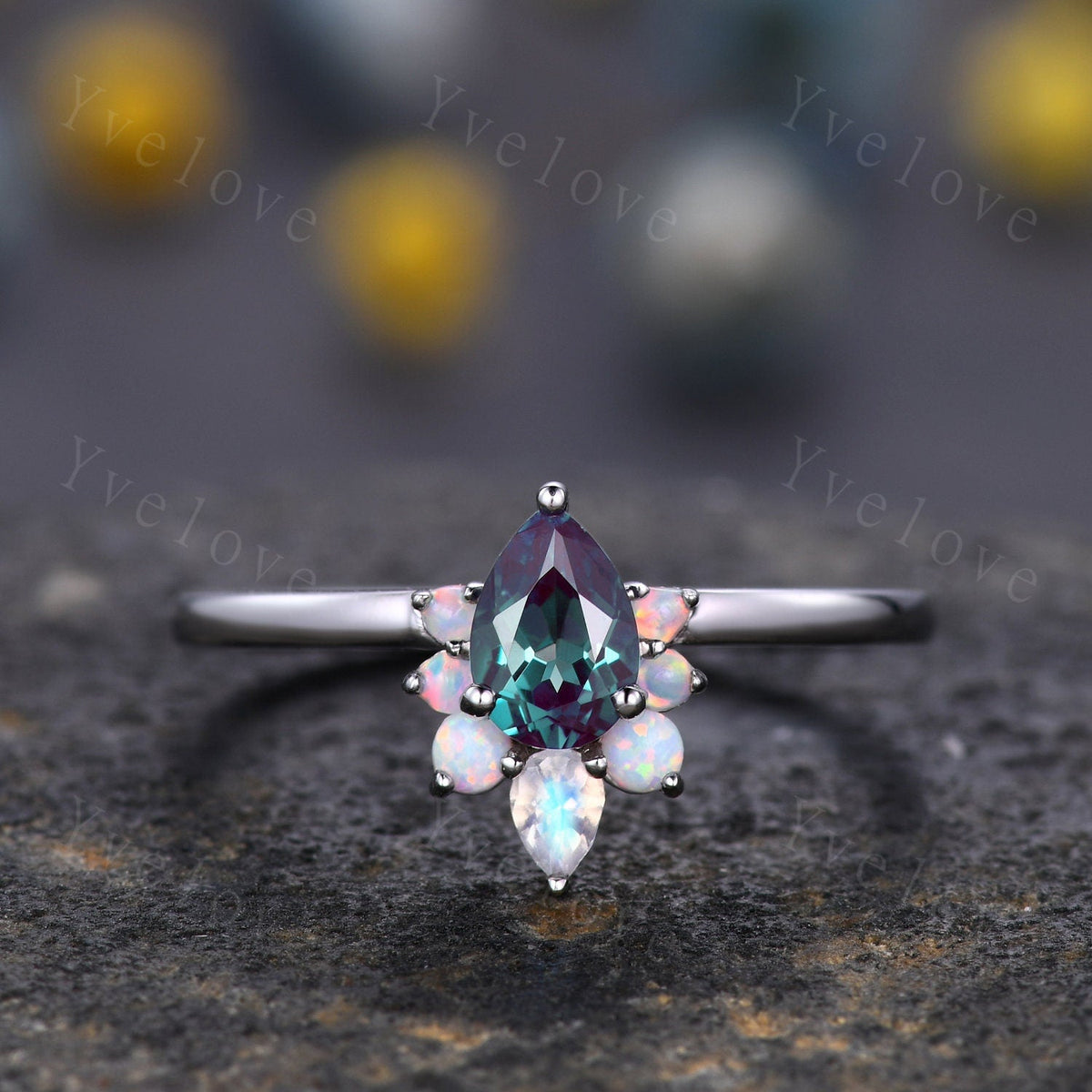 Vintage Pear Alexandrite Opal Engagement Ring,White Gold Ring,Art Deco Moonstone Wedding Ring,Unique Anniversary Ring Gift,Personalized Gems