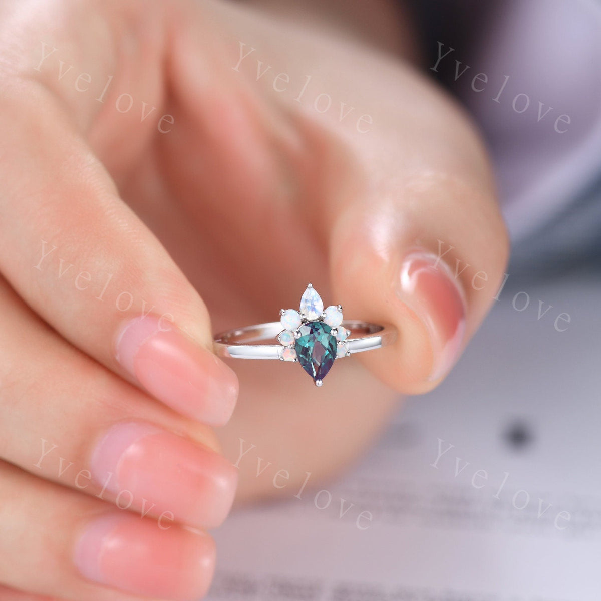 Vintage Pear Alexandrite Opal Engagement Ring,White Gold Ring,Art Deco Moonstone Wedding Ring,Unique Anniversary Ring Gift,Personalized Gems