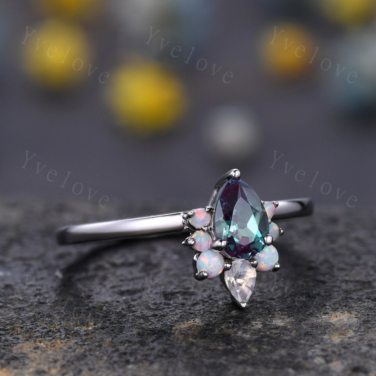 Vintage Pear Alexandrite Opal Engagement Ring,White Gold Ring,Art Deco Moonstone Wedding Ring,Unique Anniversary Ring Gift,Personalized Gems