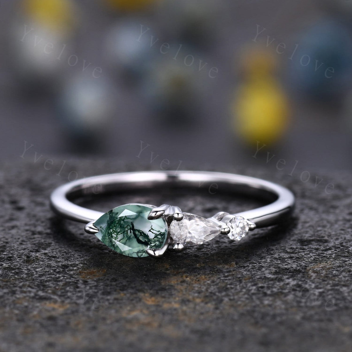 Vintage Moss Agate Ring Engagement Ring,Pear Cut Gems,Art Deco Moissanite Wedding Band,3 Stone Unique Women Bridal Promise Ring,Rose gold