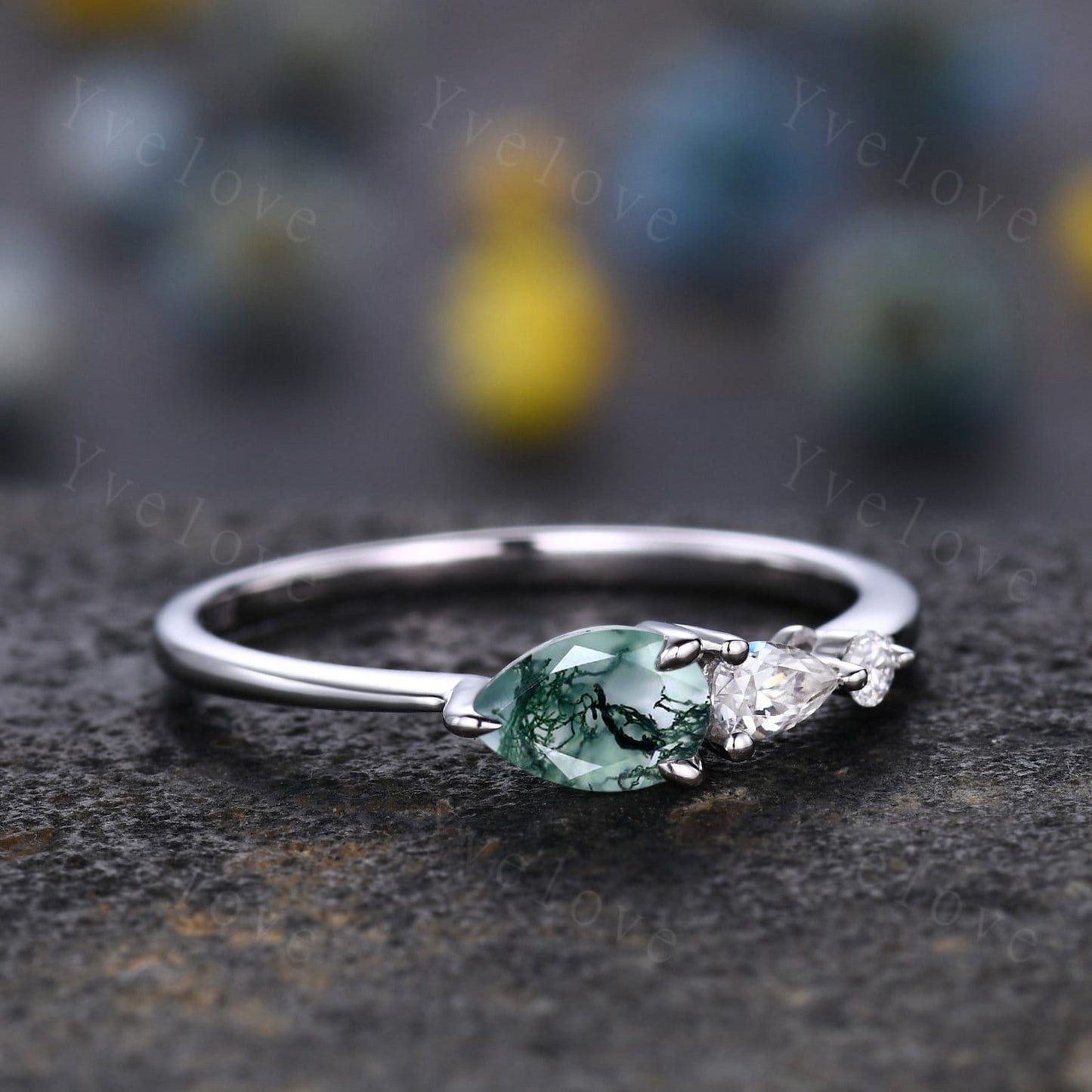 Vintage Moss Agate Ring Engagement Ring,Pear Cut Gems,Art Deco Moissanite Wedding Band,3 Stone Unique Women Bridal Promise Ring,Rose gold