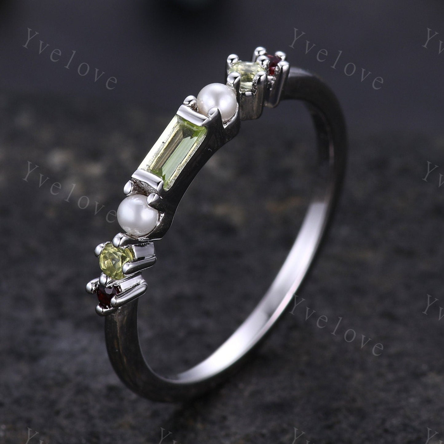 Minimalist Baguette shaped peridot band dainty pearl red garnet wedding band women stackable matching ring gold plated personalized gift