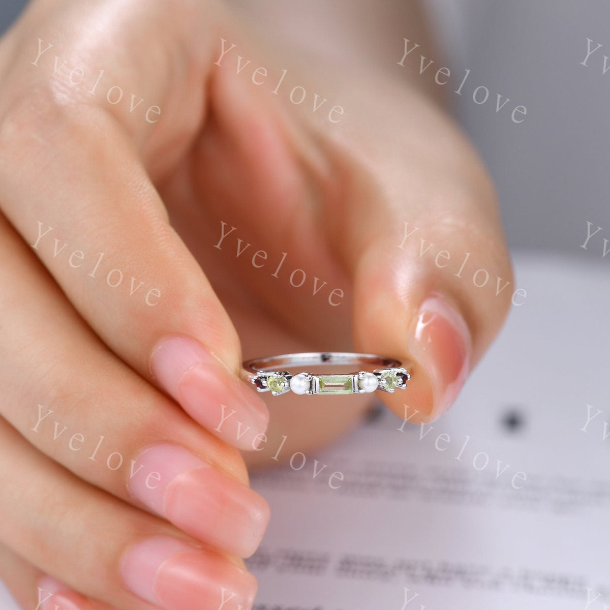 Minimalist Baguette shaped peridot band dainty pearl red garnet wedding band women stackable matching ring gold plated personalized gift