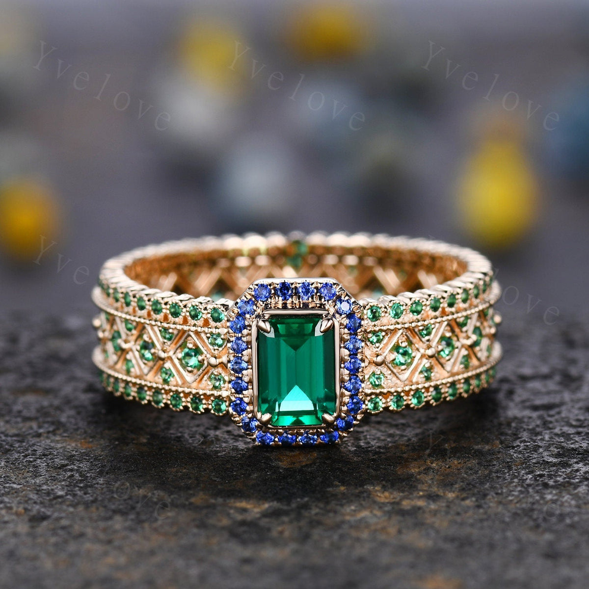 Fancy Emerald Engagement Ring Sapphire Wedding Band Emerald Gemstone Bridal Ring 14k Gold Men's Statement Ring Anniversary Ring Gift