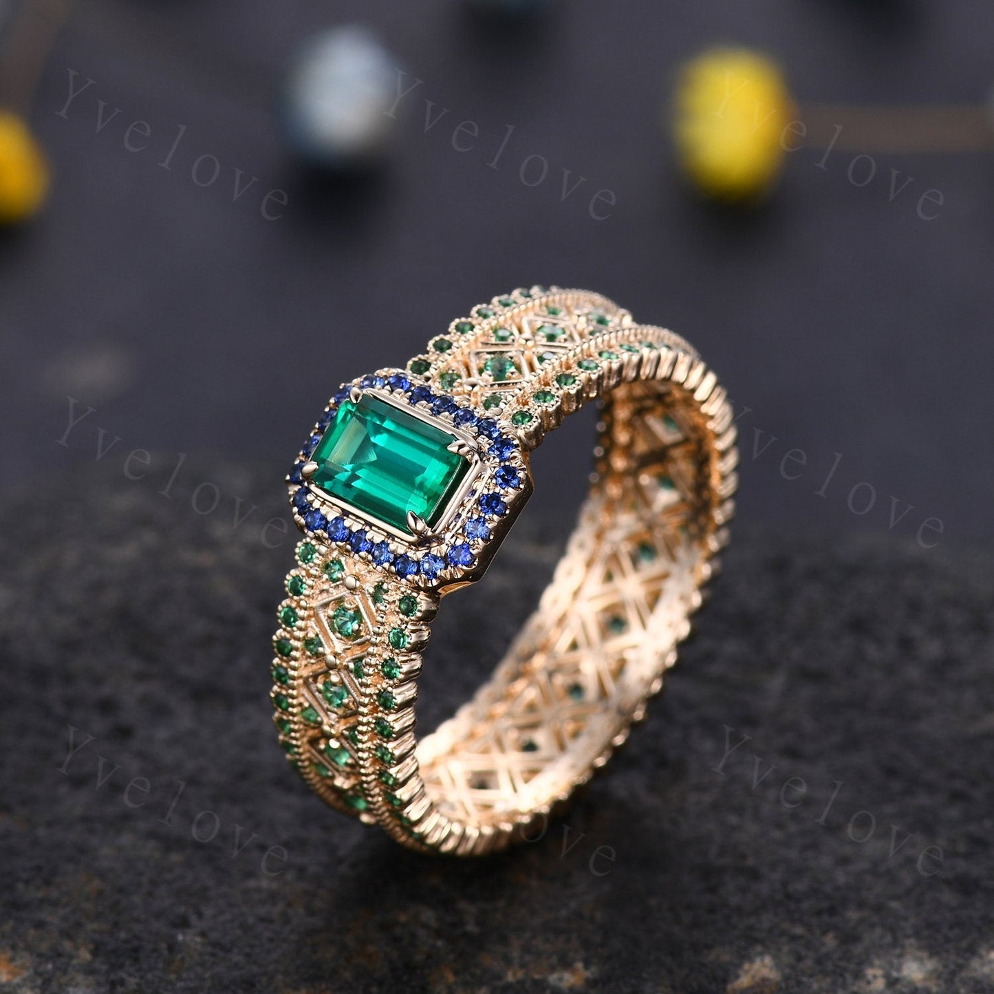 Fancy Emerald Engagement Ring Sapphire Wedding Band Emerald Gemstone Bridal Ring 14k Gold Men's Statement Ring Anniversary Ring Gift