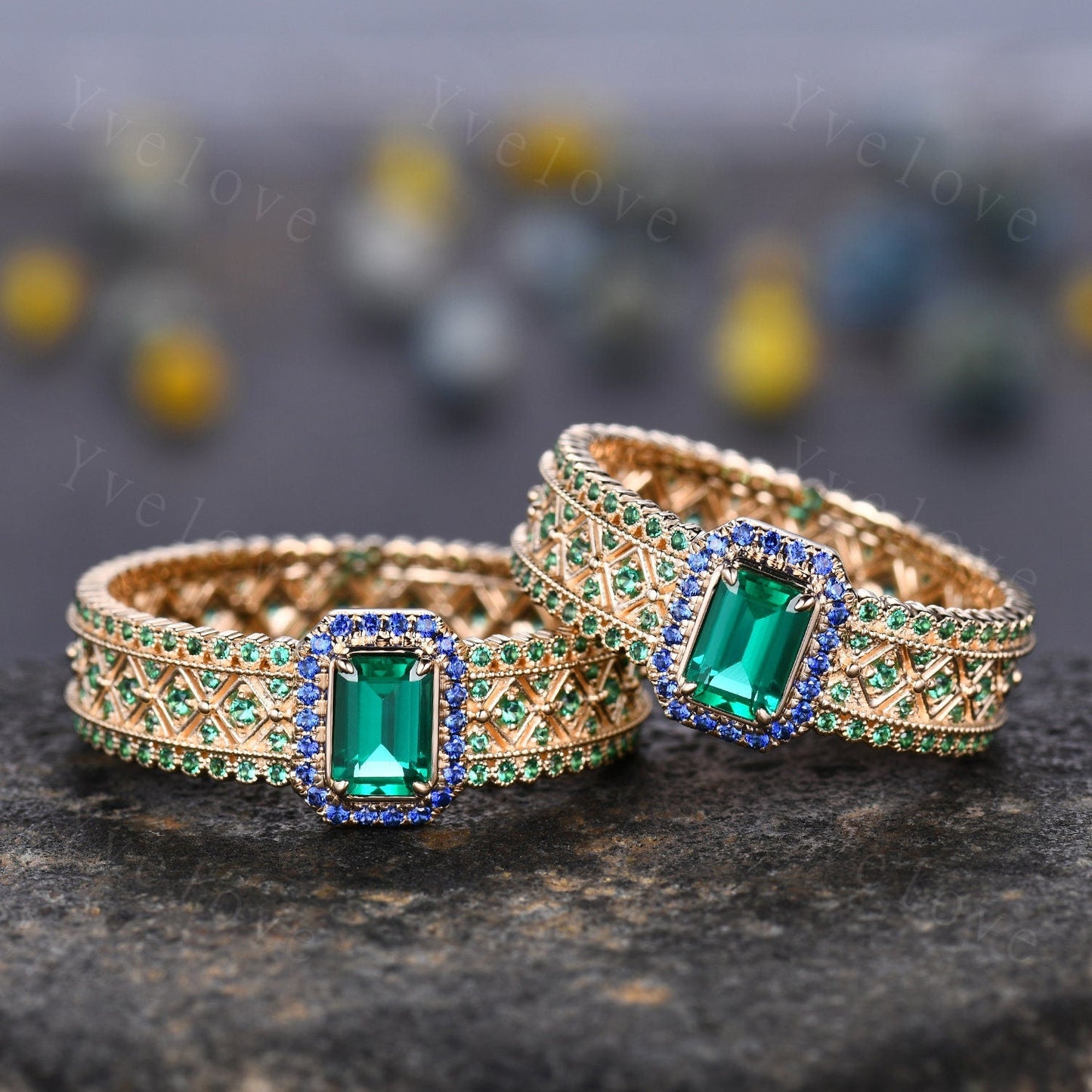 Fancy Emerald Engagement Ring Sapphire Wedding Band Emerald Gemstone Bridal Ring 14k Gold Men's Statement Ring Anniversary Ring Gift