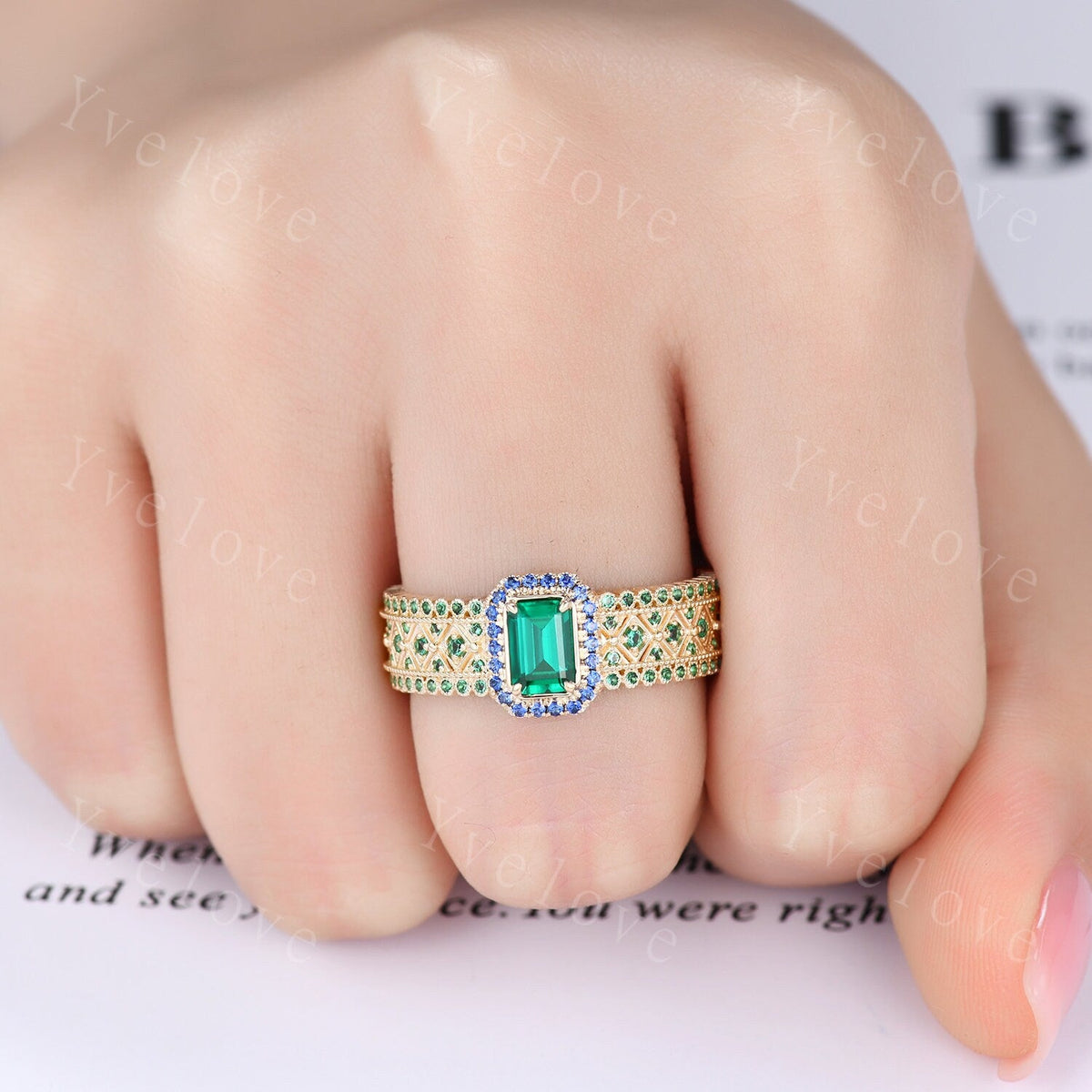 Fancy Emerald Engagement Ring Sapphire Wedding Band Emerald Gemstone Bridal Ring 14k Gold Men's Statement Ring Anniversary Ring Gift