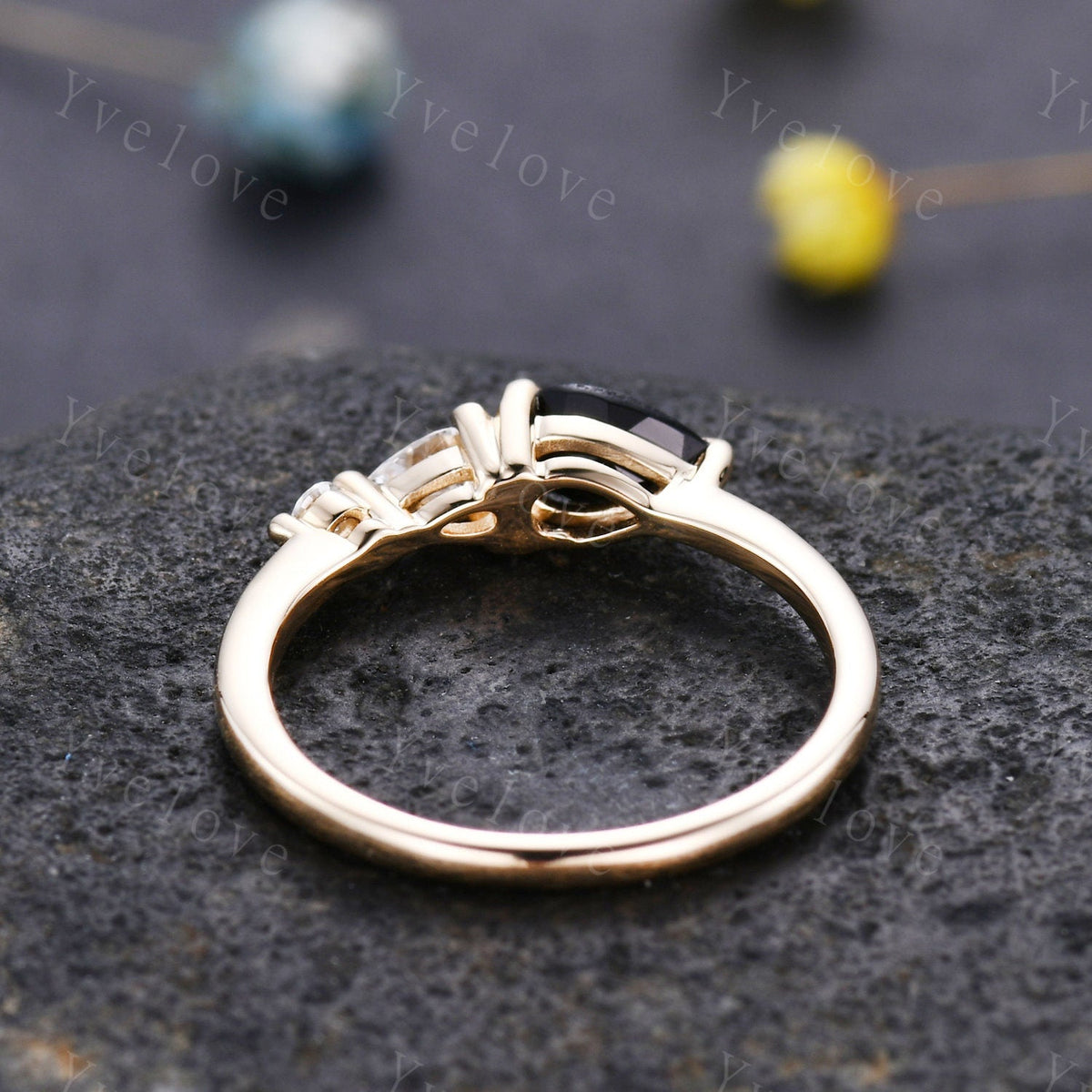 Vintage Black Onyx Engagement Ring,Pear Cut Gems,Art Deco Moissanite Wedding Band,3 Stone Unique Women Bridal Promise Ring Gift,Rose gold
