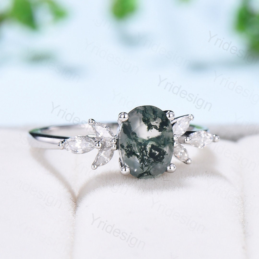 1.5CT Oval Natural Moss Agate Engagement Ring Cluster Diamond Green Agate Wedding Ring Art Deco Vintage Retro Green Crystal Anniversary Ring