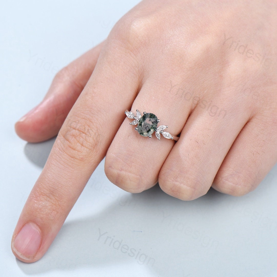 1.5CT Oval Natural Moss Agate Engagement Ring Cluster Diamond Green Agate Wedding Ring Art Deco Vintage Retro Green Crystal Anniversary Ring