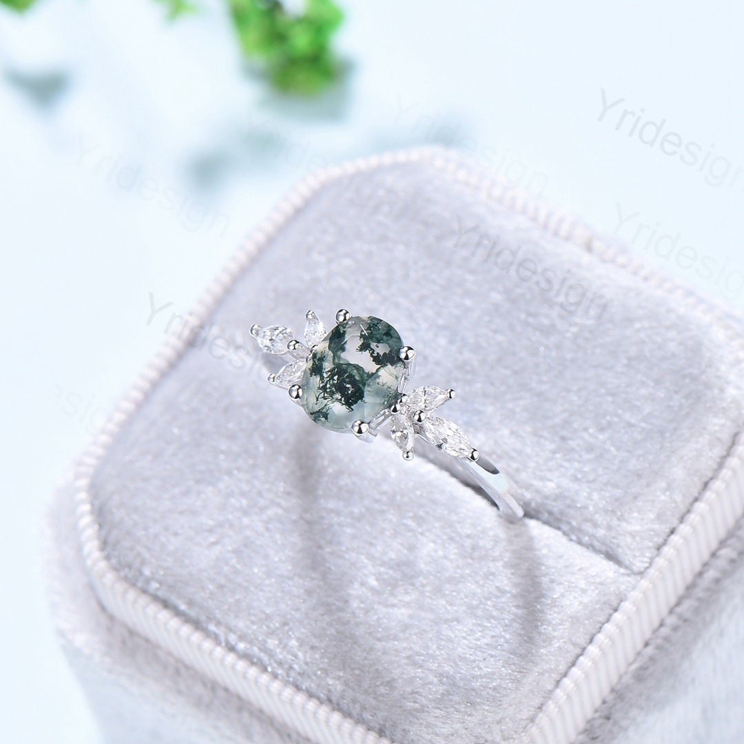 1.5CT Oval Natural Moss Agate Engagement Ring Cluster Diamond Green Agate Wedding Ring Art Deco Vintage Retro Green Crystal Anniversary Ring