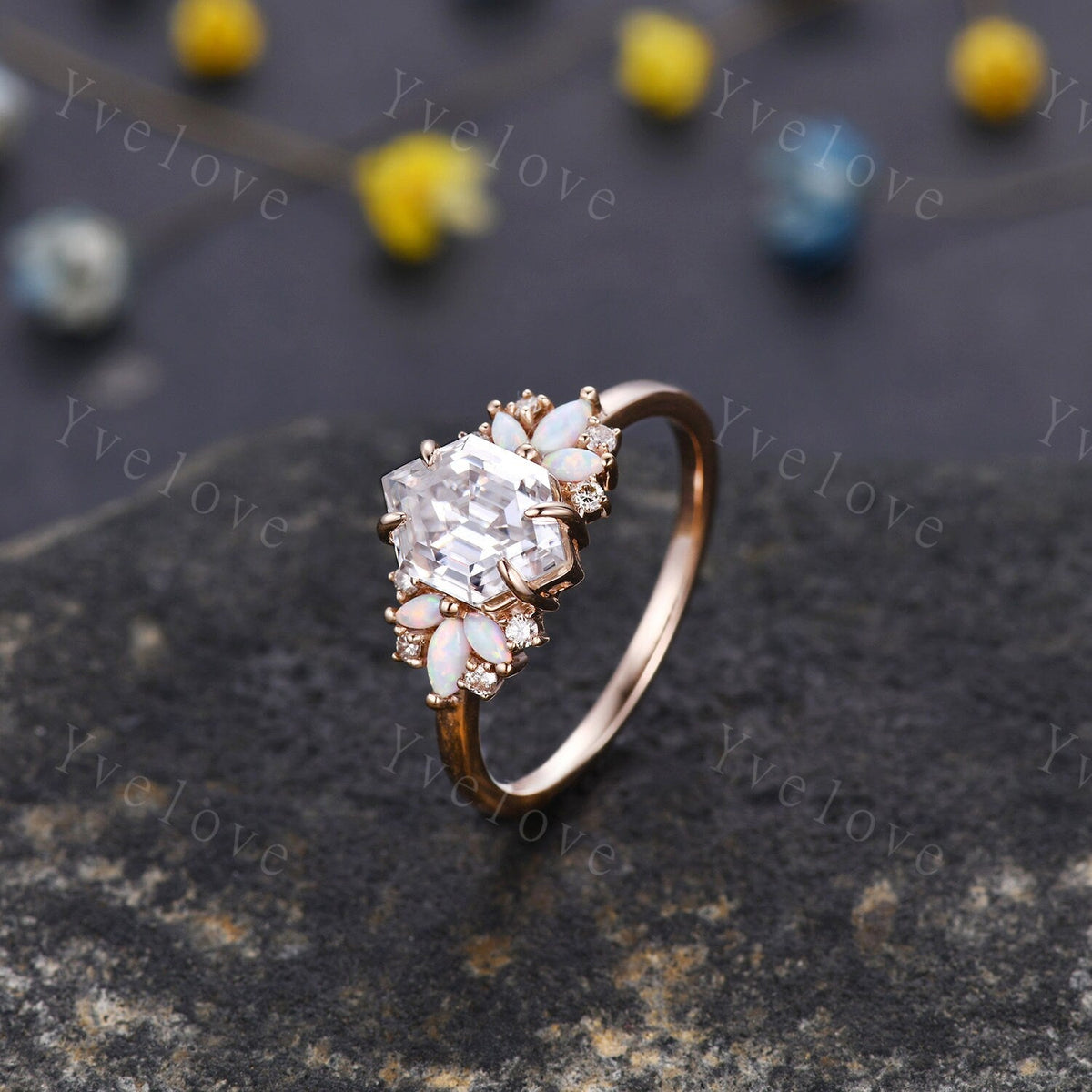 Vintage Hexagon Moissanite Opal engagement ring,Unique Marquise Opal Ring,Cluster Ring,Rose Gold,Women Bridal Wedding Band,Statement Ring