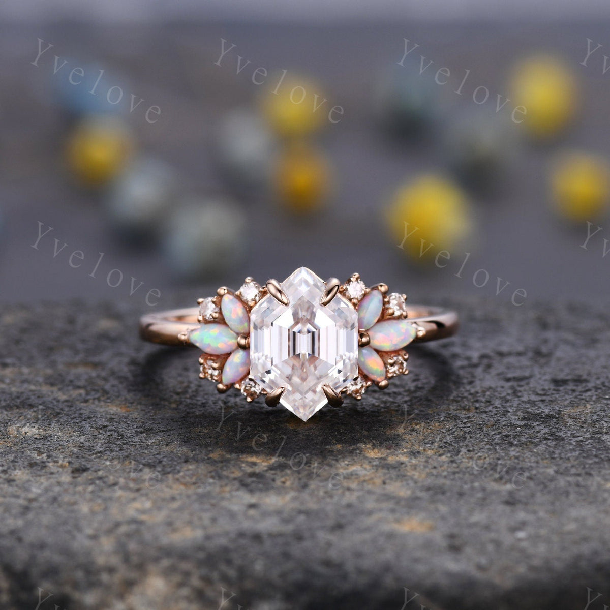 Vintage Hexagon Moissanite Opal engagement ring,Unique Marquise Opal Ring,Cluster Ring,Rose Gold,Women Bridal Wedding Band,Statement Ring