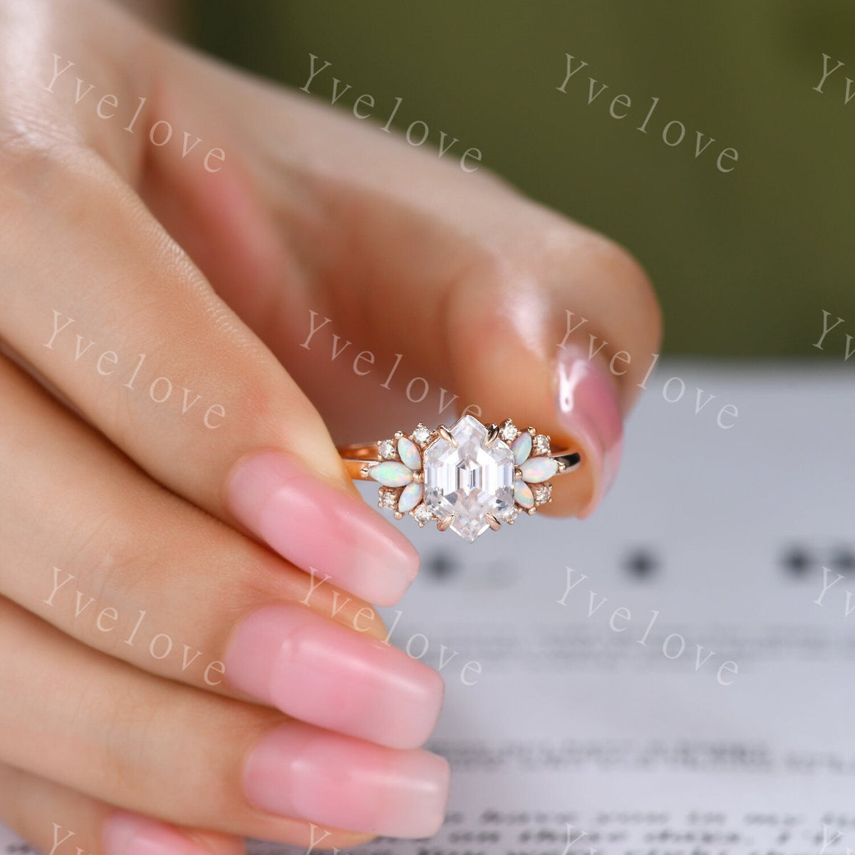Vintage Hexagon Moissanite Opal engagement ring,Unique Marquise Opal Ring,Cluster Ring,Rose Gold,Women Bridal Wedding Band,Statement Ring