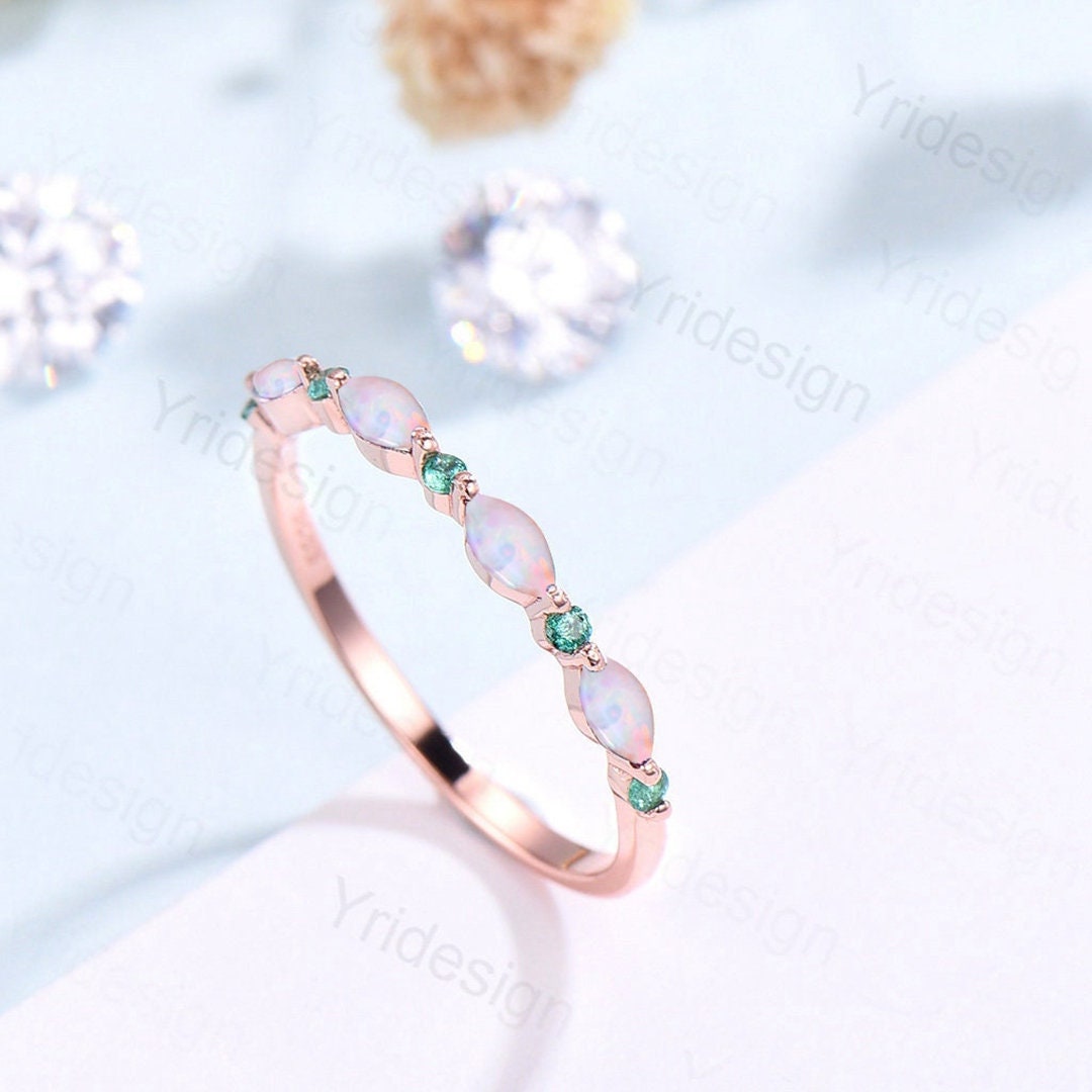 Rose Gold Opal Wedding Band, Emerald Art Deco Stacking Ring