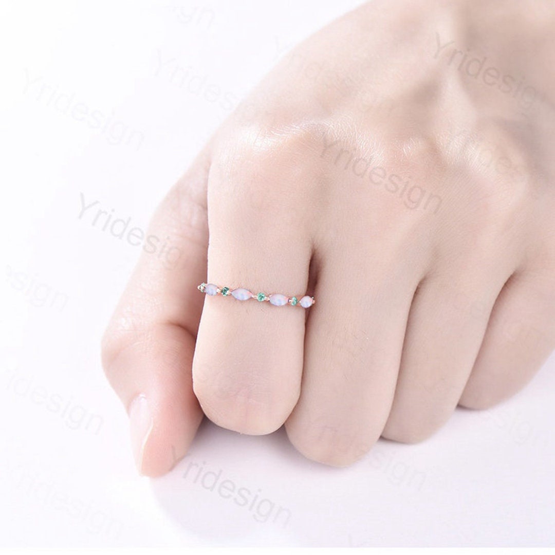Rose Gold Opal Wedding Band, Emerald Art Deco Stacking Ring