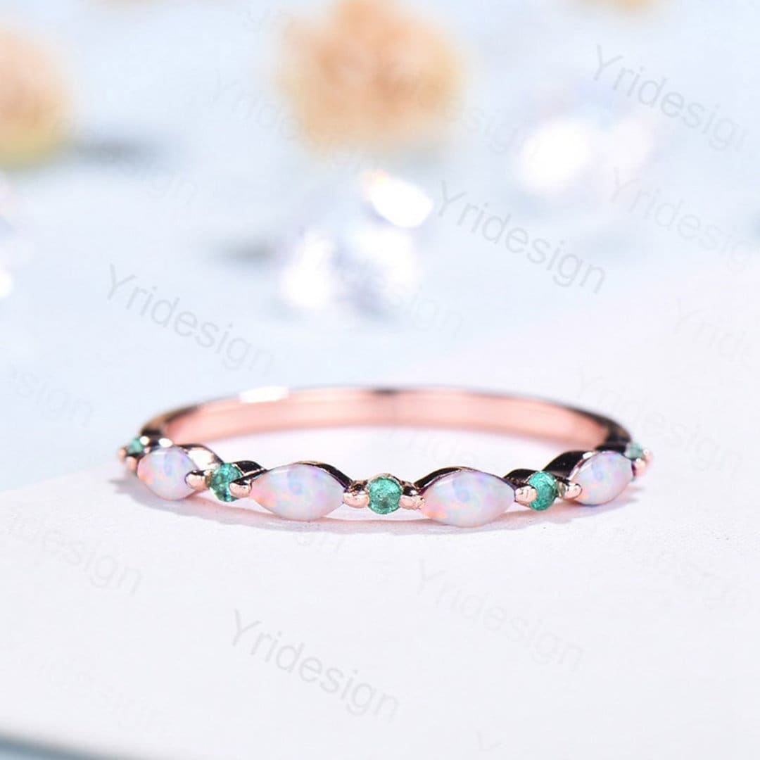 Rose Gold Opal Wedding Band, Emerald Art Deco Stacking Ring