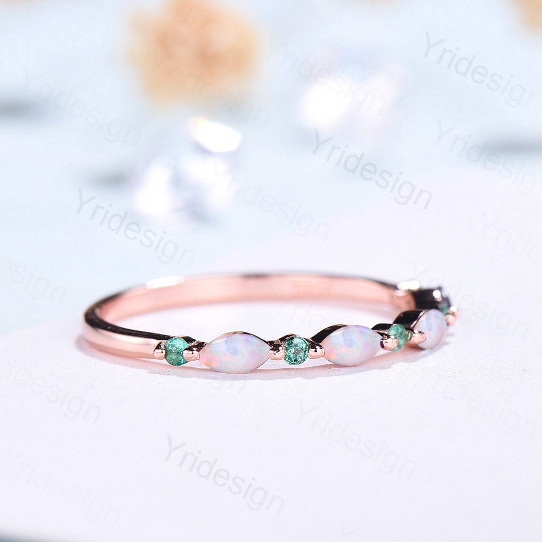 Rose Gold Opal Wedding Band, Emerald Art Deco Stacking Ring