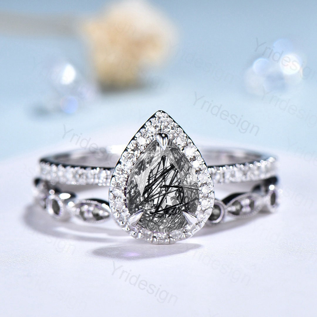 18K White Gold Black Rutilated Quartz Ring Set, Halo Diamond Bridal Set