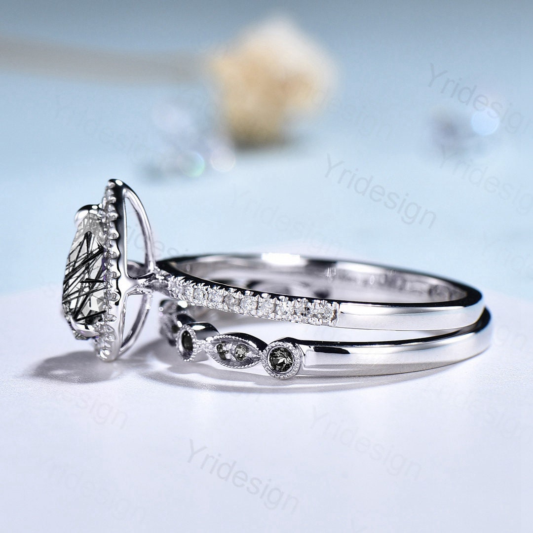 18K White Gold Black Rutilated Quartz Ring Set, Halo Diamond Bridal Set