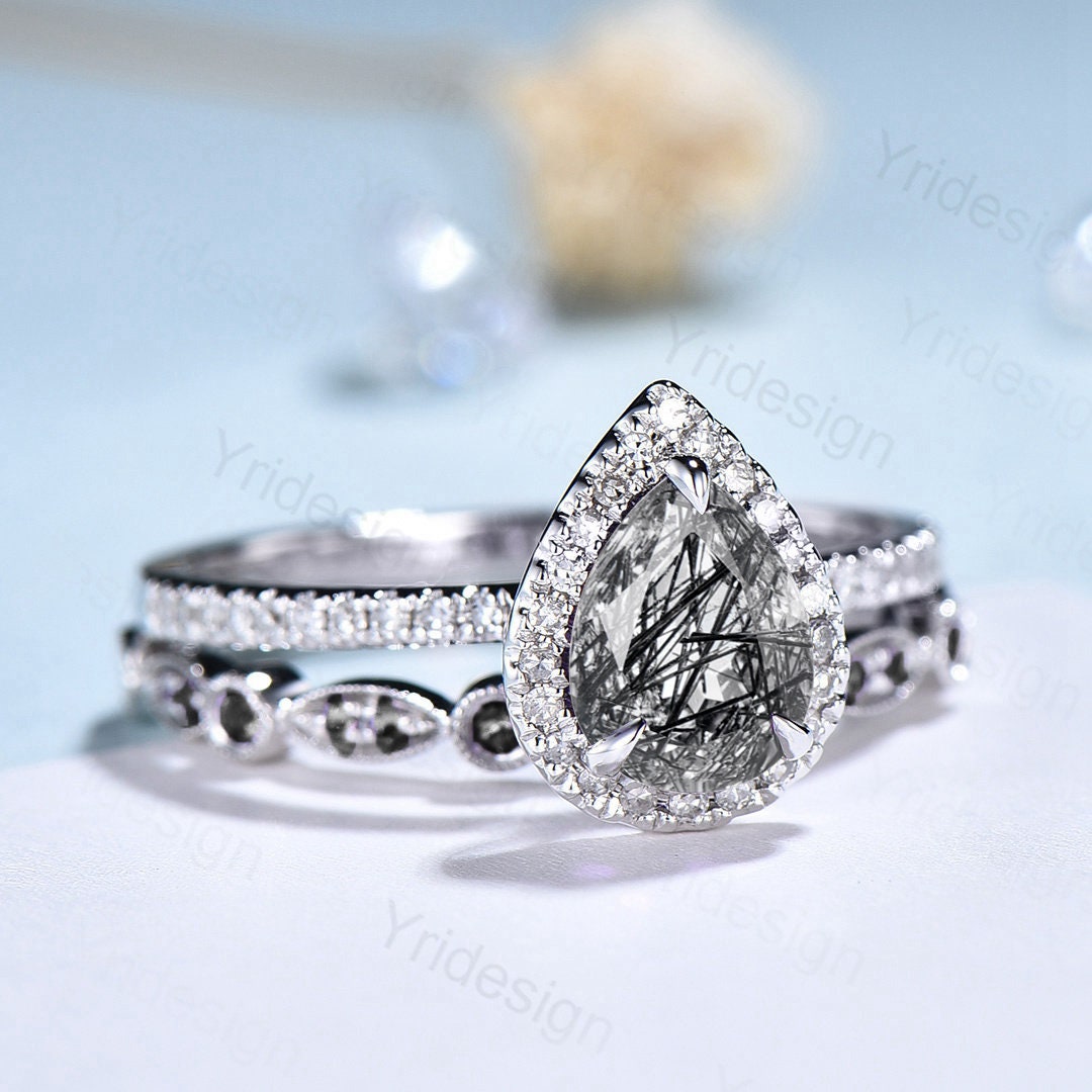 18K White Gold Black Rutilated Quartz Ring Set, Halo Diamond Bridal Set