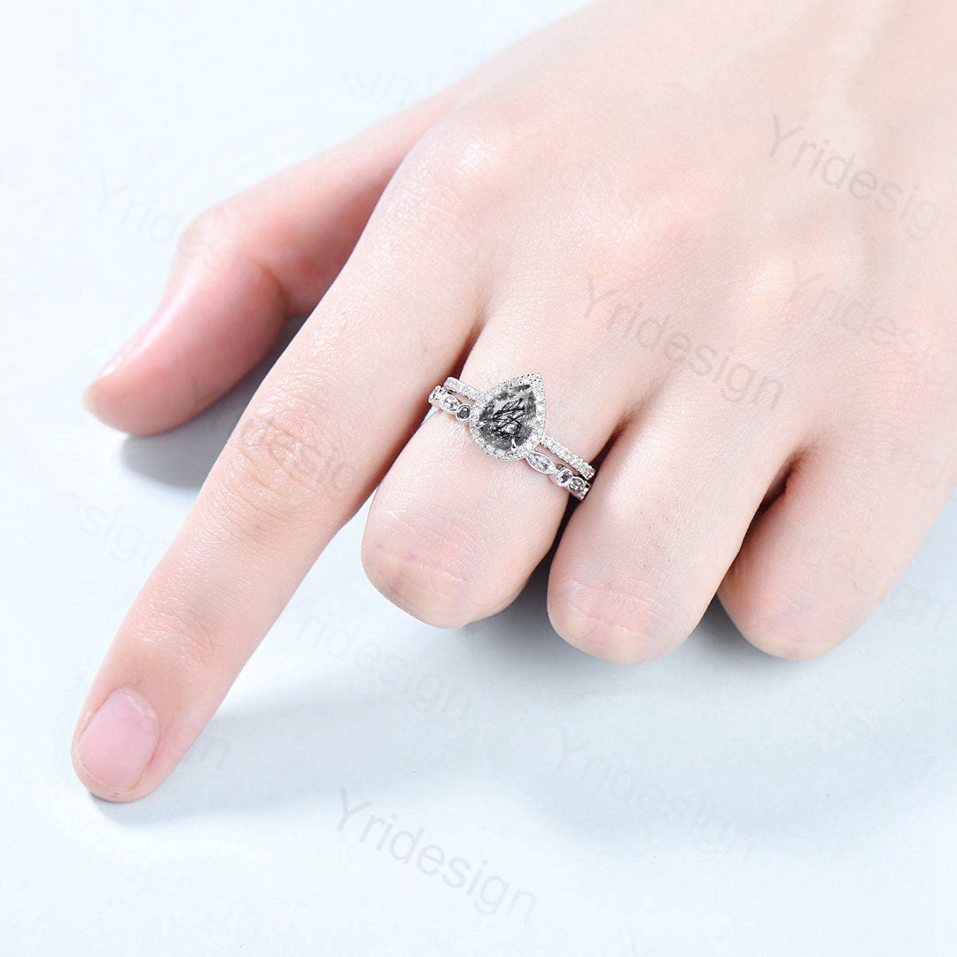 18K White Gold Black Rutilated Quartz Ring Set, Halo Diamond Bridal Set