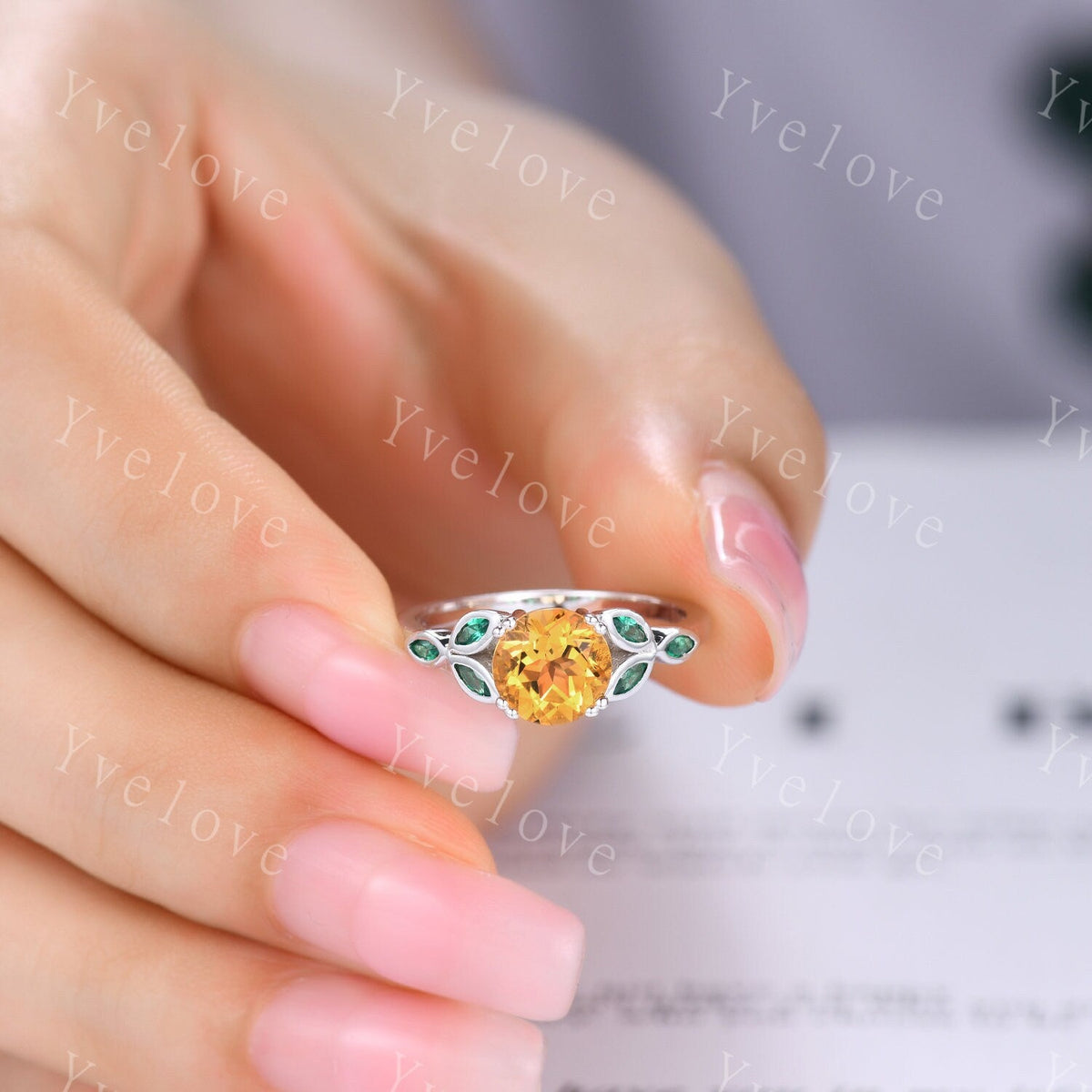 7mm round citrine engagement ring leaf marquise emerald stones vintage yellow citrine wedding ring  floral ring promise  anniversary gift