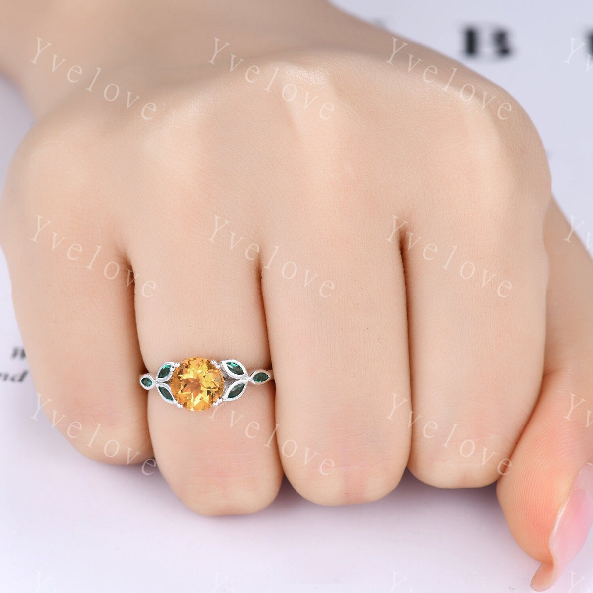 7mm round citrine engagement ring leaf marquise emerald stones vintage yellow citrine wedding ring  floral ring promise  anniversary gift