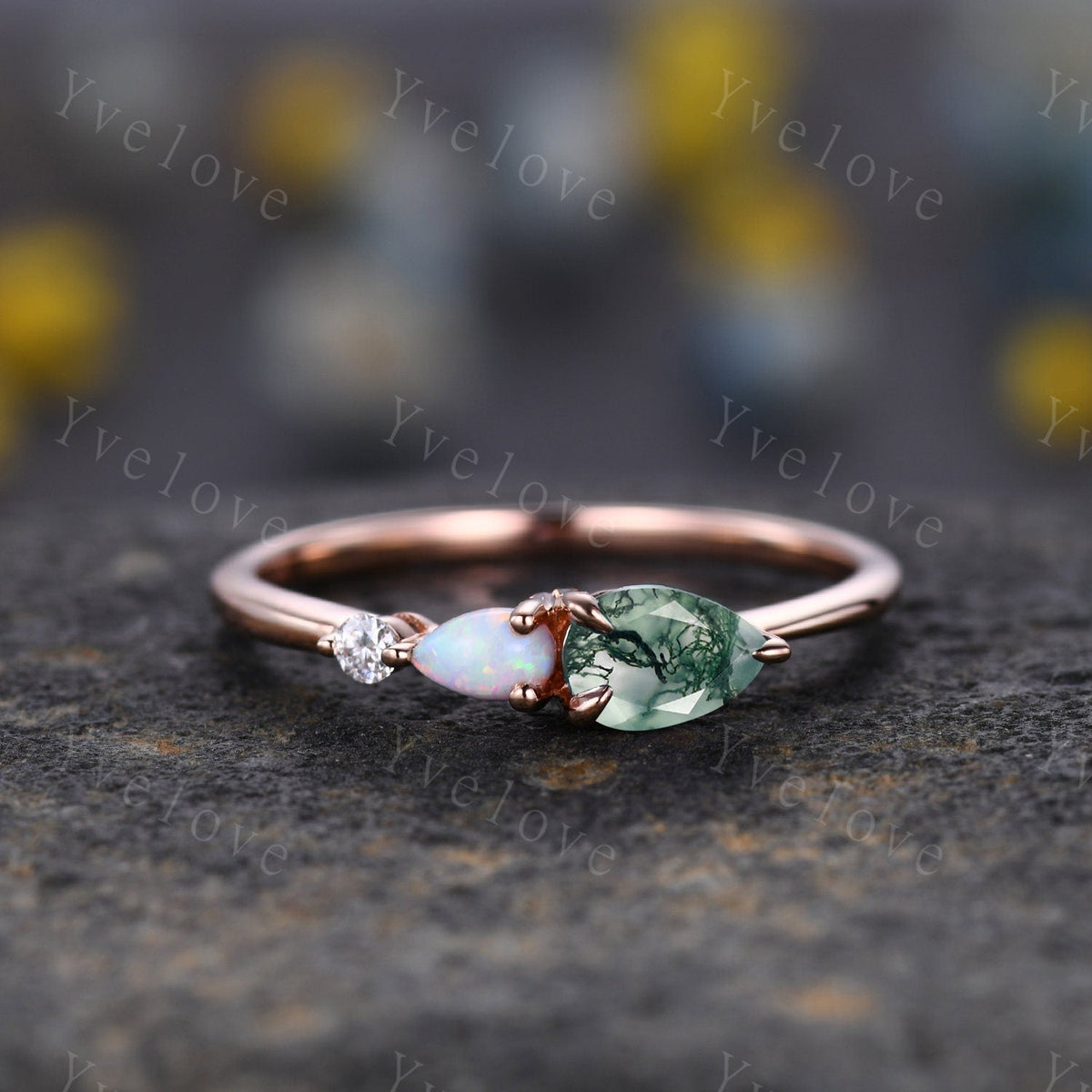 Unique Moss Agate Opal Engagement Ring,Pear Cut Gems,Art Deco Moissanite Wedding Band,3 Stone Unique Women Bridal Promise Ring,Customized