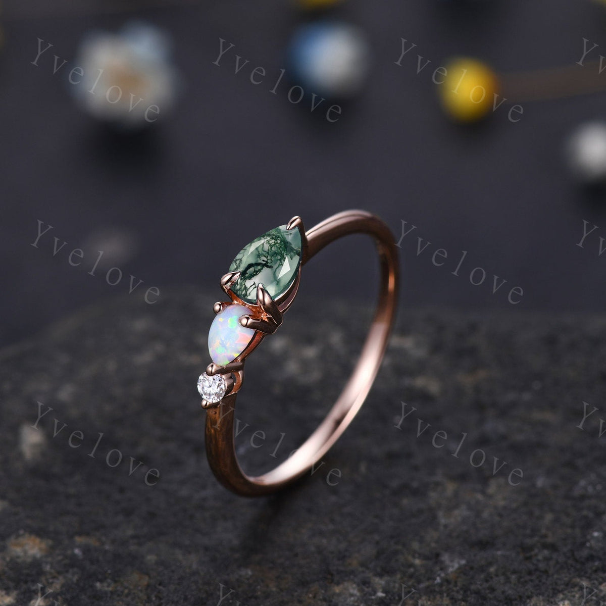 Unique Moss Agate Opal Engagement Ring,Pear Cut Gems,Art Deco Moissanite Wedding Band,3 Stone Unique Women Bridal Promise Ring,Customized