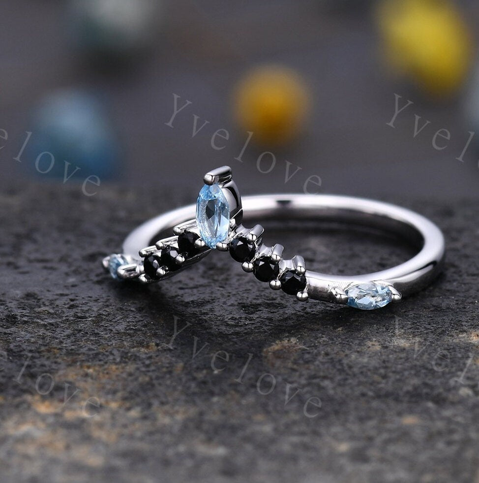 Marquise Aquamarine Wedding band,March Birthstone,Vintage Retro White Gold Ring,Black Spinel Stone,Women V Curved Stacking Band Bridal Gift