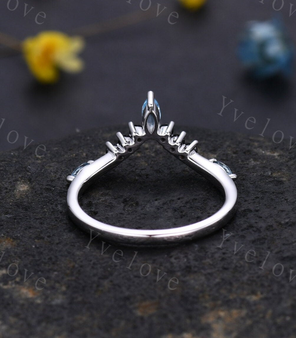 Marquise Aquamarine Wedding band,March Birthstone,Vintage Retro White Gold Ring,Black Spinel Stone,Women V Curved Stacking Band Bridal Gift