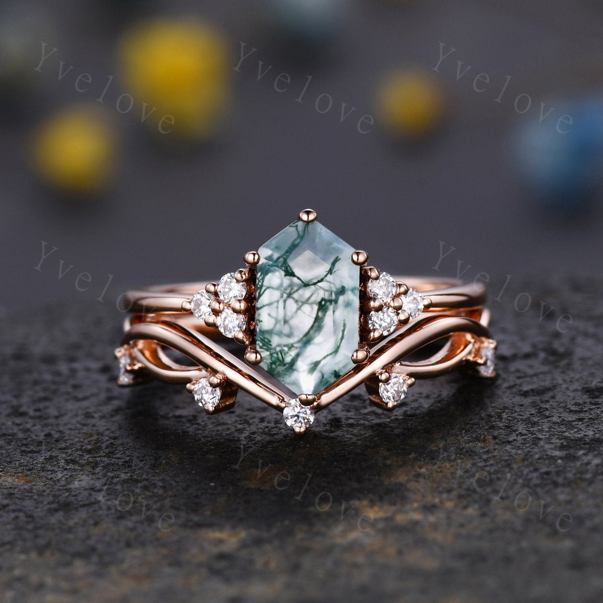 Retro Long hexagon Moss Agate Ring,Vintage Sterling Silver Ring Set,Unique Agate Engagement Ring,Promise Ring,Anniversary Ring Gift For Her