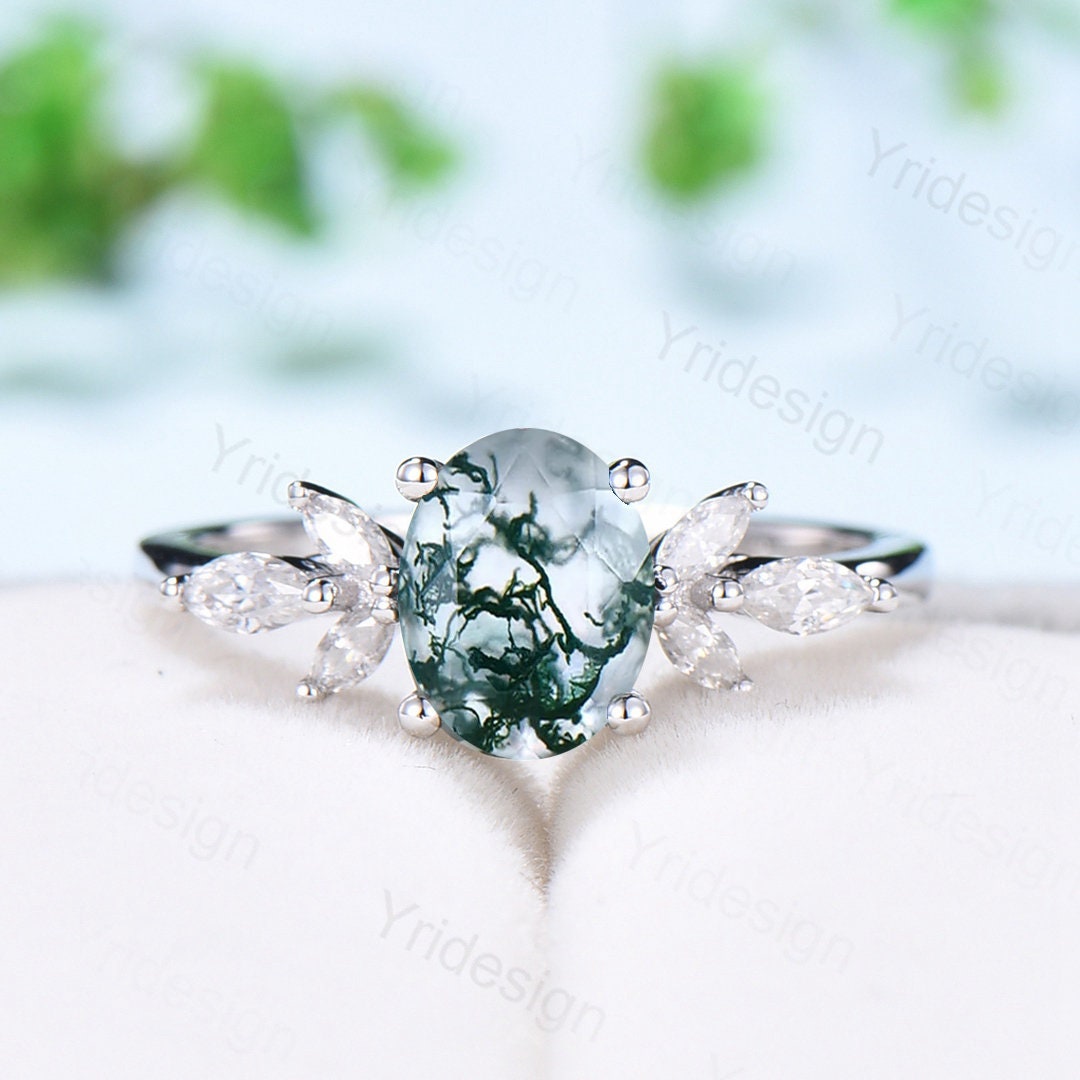 1.5CT Oval Natural Moss Agate Engagement Ring Cluster Diamond Green Agate Wedding Ring Art Deco Vintage Retro Green Crystal Anniversary Ring