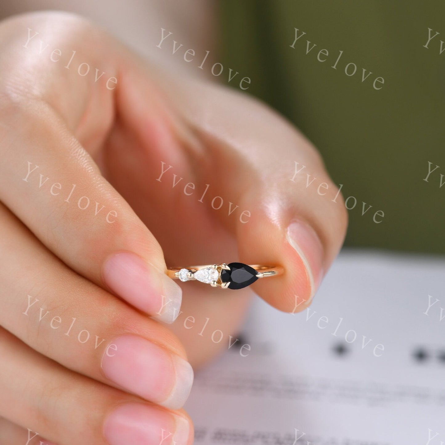 Vintage Black Onyx Engagement Ring,Pear Cut Gems,Art Deco Moissanite Wedding Band,3 Stone Unique Women Bridal Promise Ring Gift,Rose gold