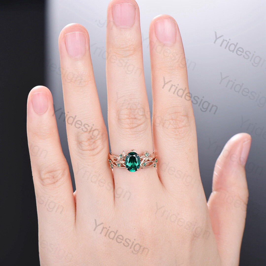 Black Gold Plated Oval Emerald Promise Ring Natural Inspired Silver Wedding Ring Set