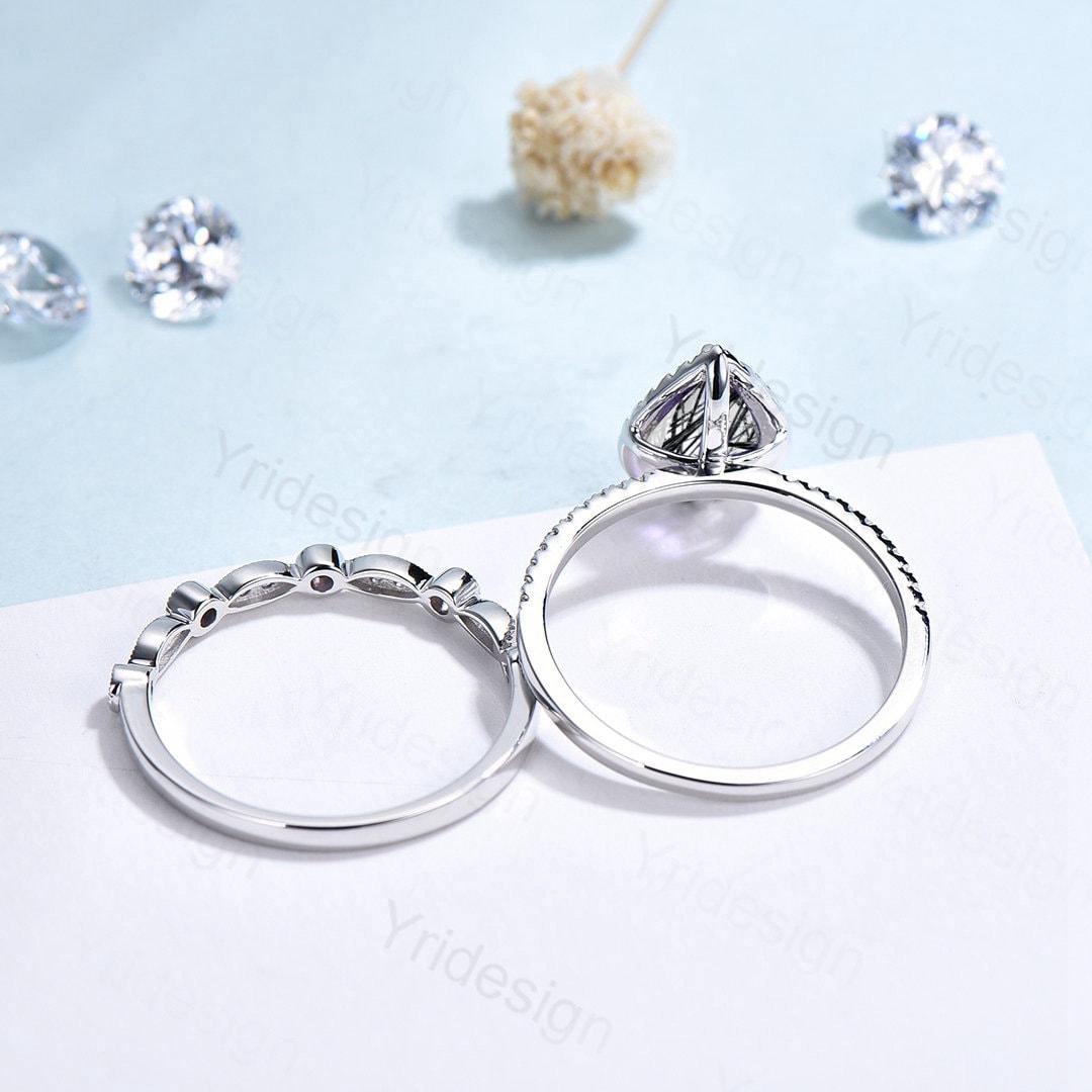 18K White Gold Black Rutilated Quartz Ring Set, Halo Diamond Bridal Set