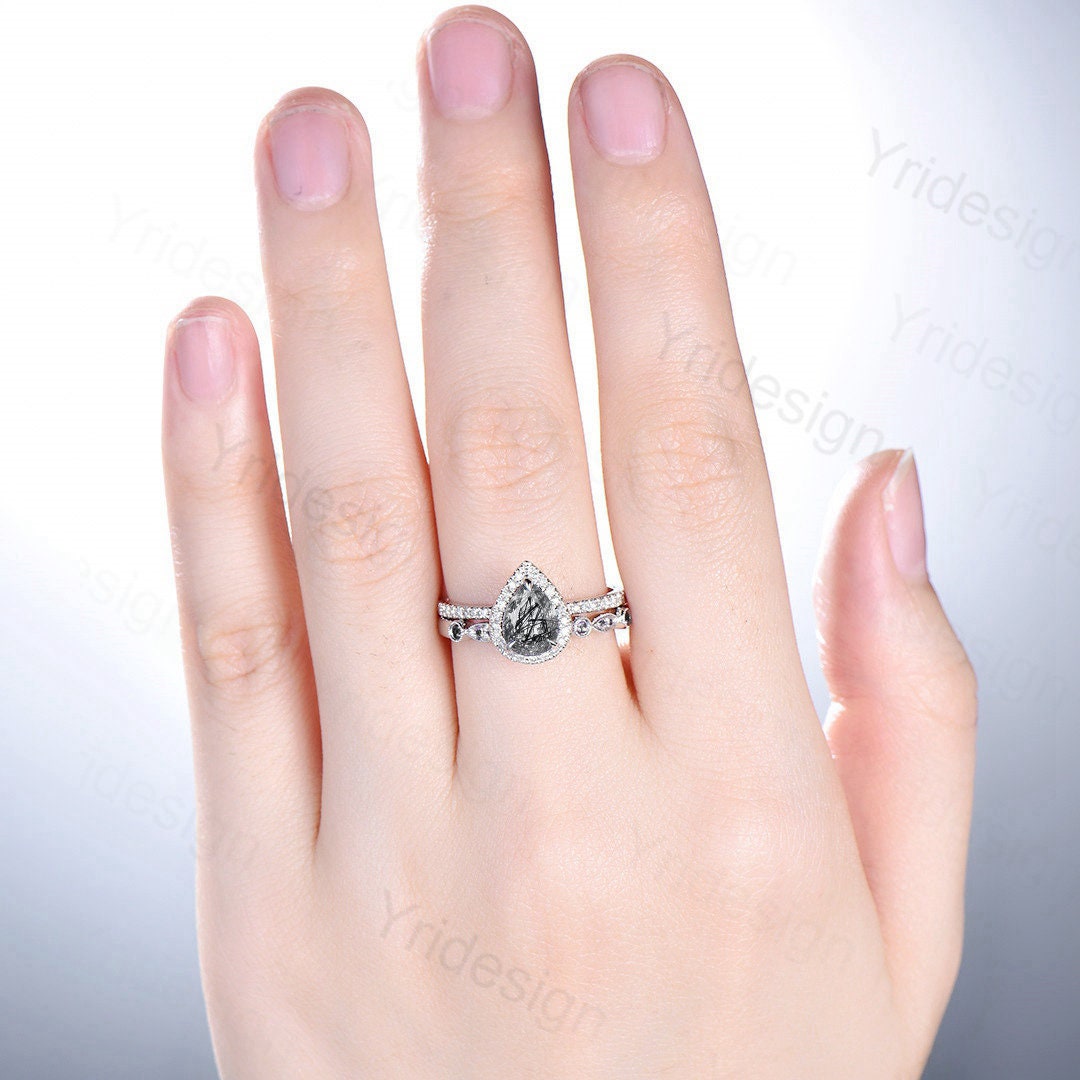 18K White Gold Black Rutilated Quartz Ring Set, Halo Diamond Bridal Set