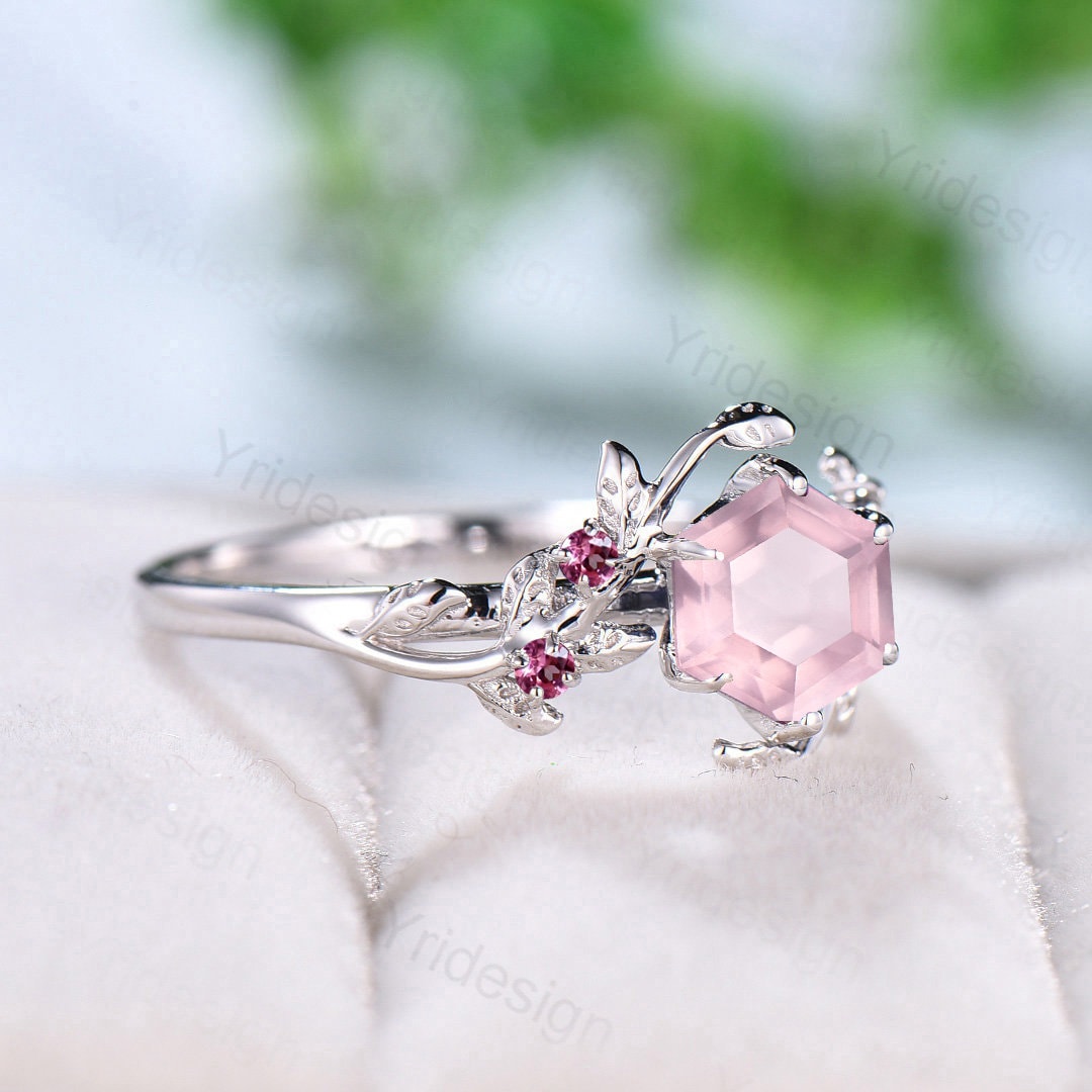 Rose Quartz Ring, Silver Twig Band, Pink Tourmaline Accent, Handmade Jewelry