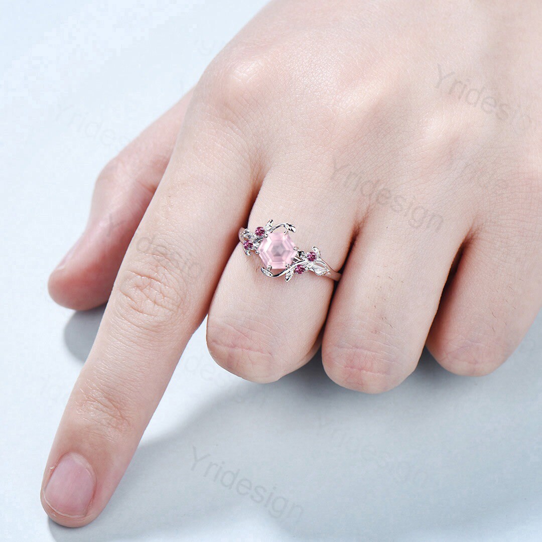 Rose Quartz Ring, Silver Twig Band, Pink Tourmaline Accent, Handmade Jewelry
