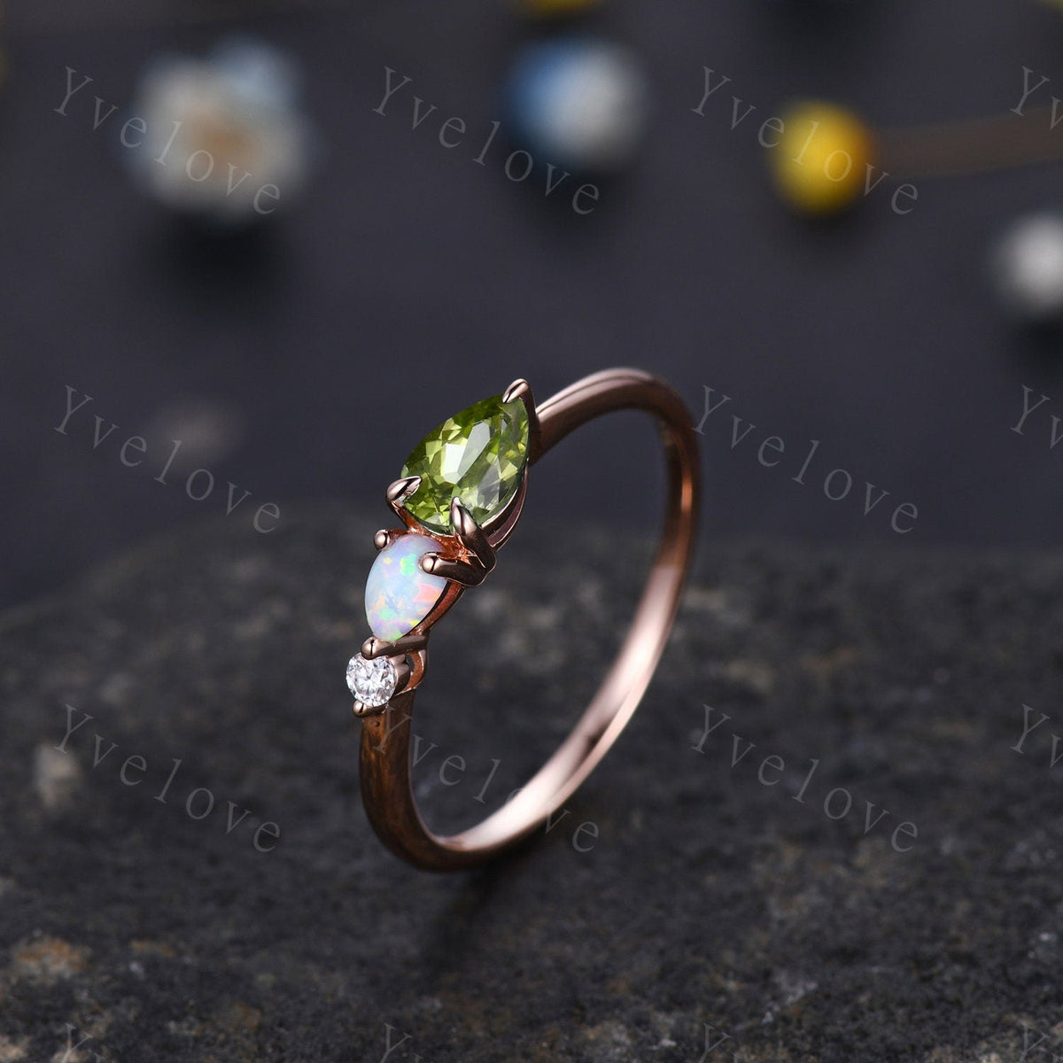 Vintage Peridot Opal Engagement Ring,Pear Cut Gems,Art Deco Moissanite Wedding Band,3 Stone Unique Women Bridal Promise Ring,Customized Gift