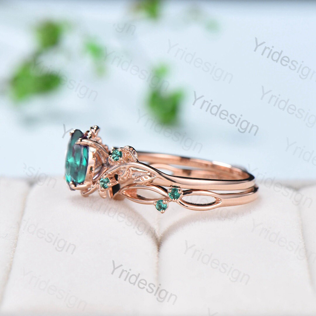 Natural Inspired Leaf green sapphire wedding ring set unique twig branch engagement ring Art deco rose gold cluster emerald women Bridal Set