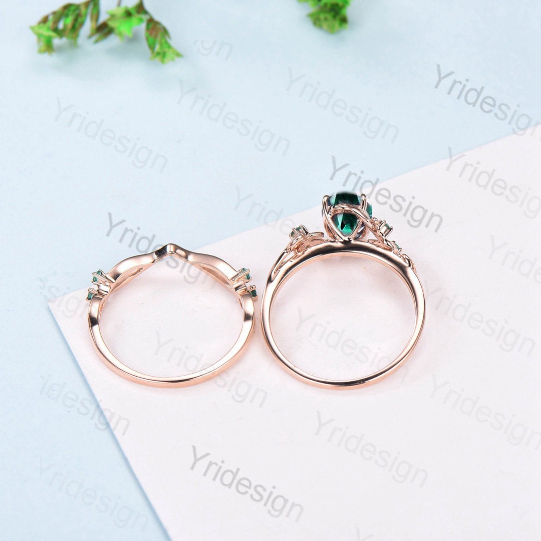 Black Gold Oval Emerald Engagement Ring Set Vintage Vine Branch Bridal Set