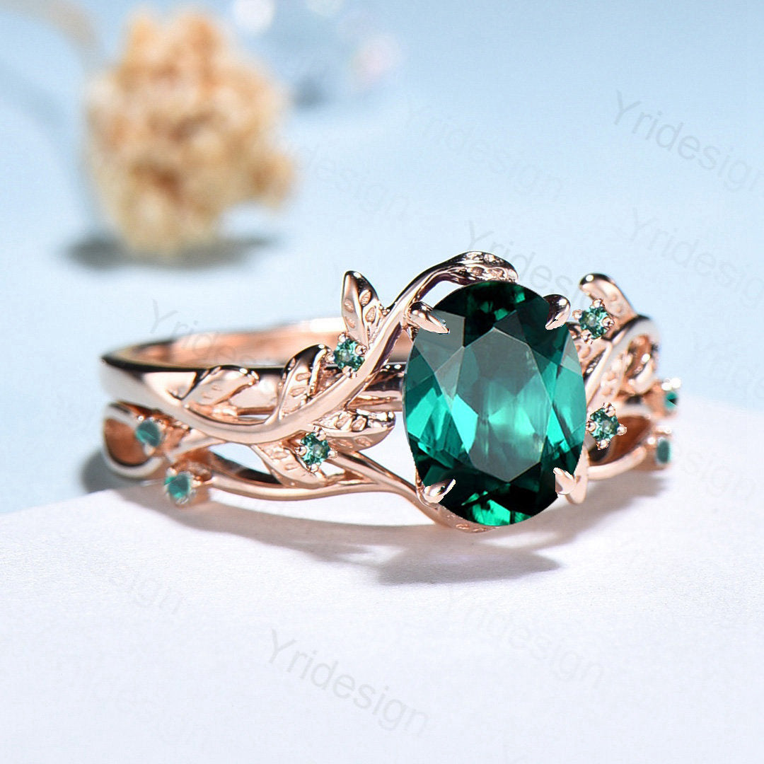 Black Gold Plated Oval Emerald Promise Ring Natural Inspired Silver Wedding Ring Set