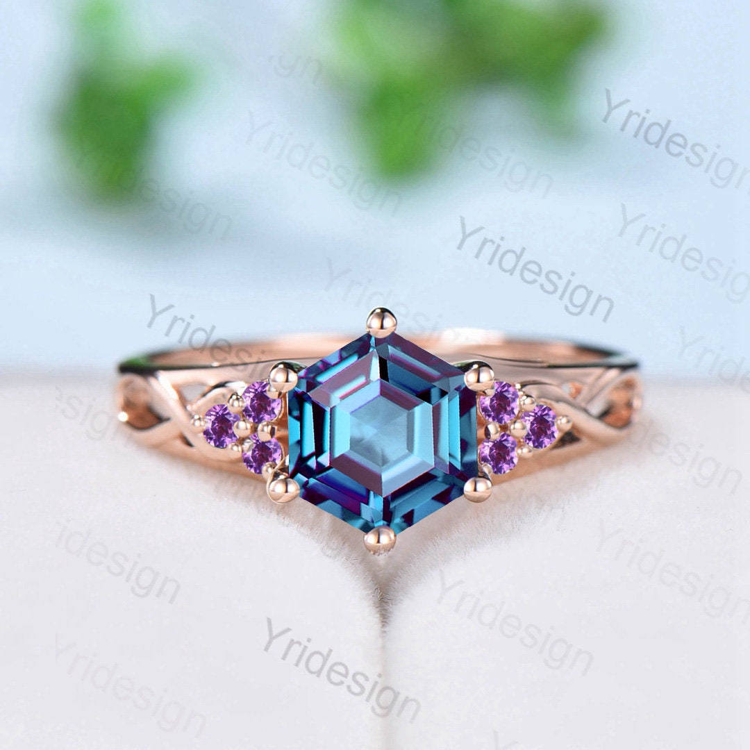 Vintage Alexandrite Engagement Ring Hexagon Cut Rose Gold Unique Cluster Amethyst Milgrain Diamond Wedding Ring Women Promise ring gift