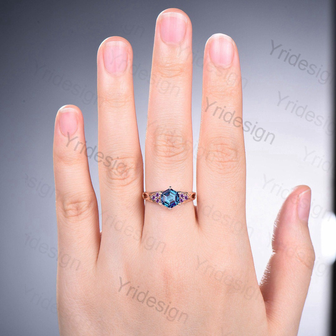 Vintage Alexandrite Engagement Ring Hexagon Cut Rose Gold Unique Cluster Amethyst Milgrain Diamond Wedding Ring Women Promise ring gift