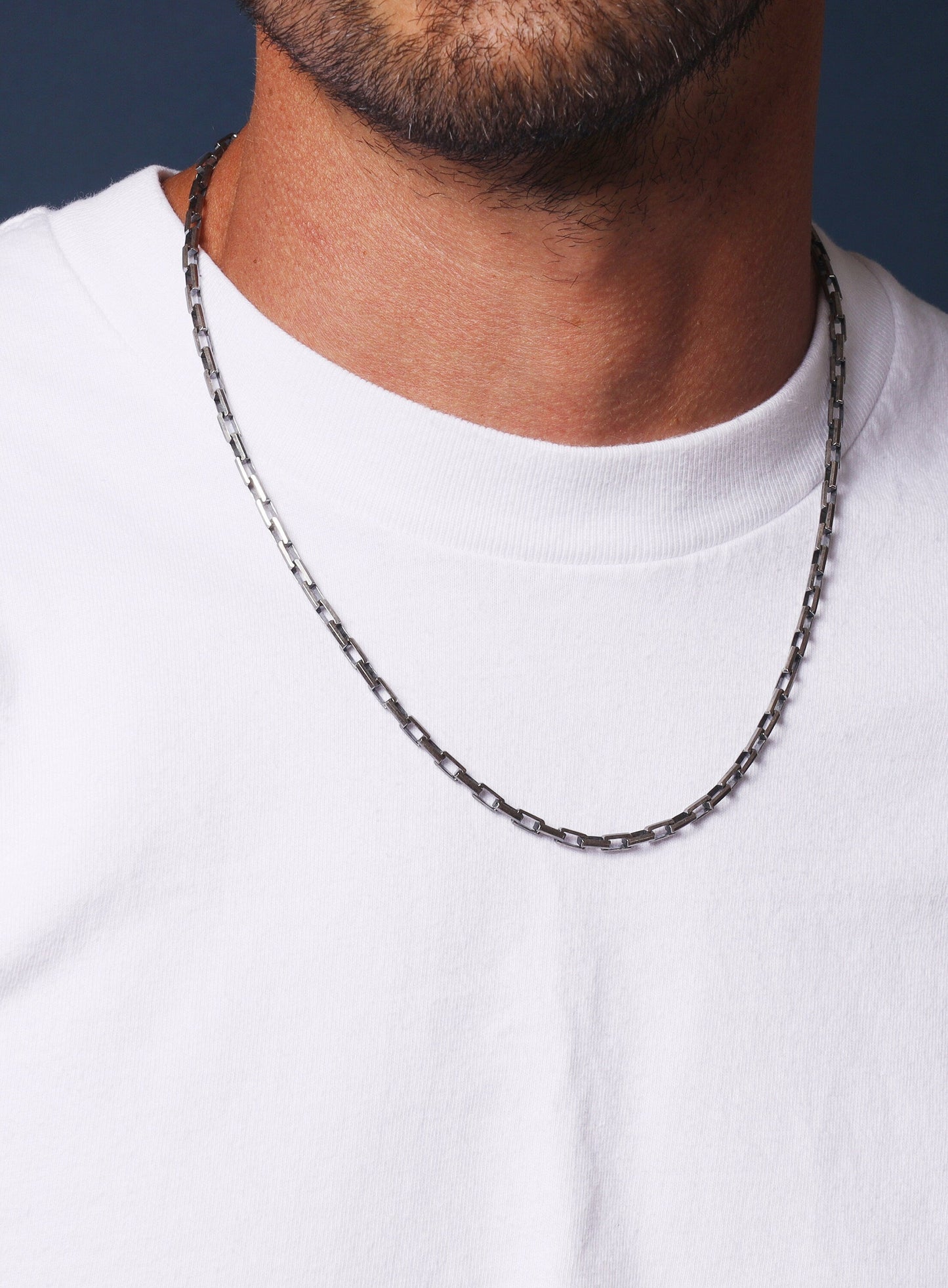925 Oxidized Sterling Silver Long Box Rectangle Chain Necklace