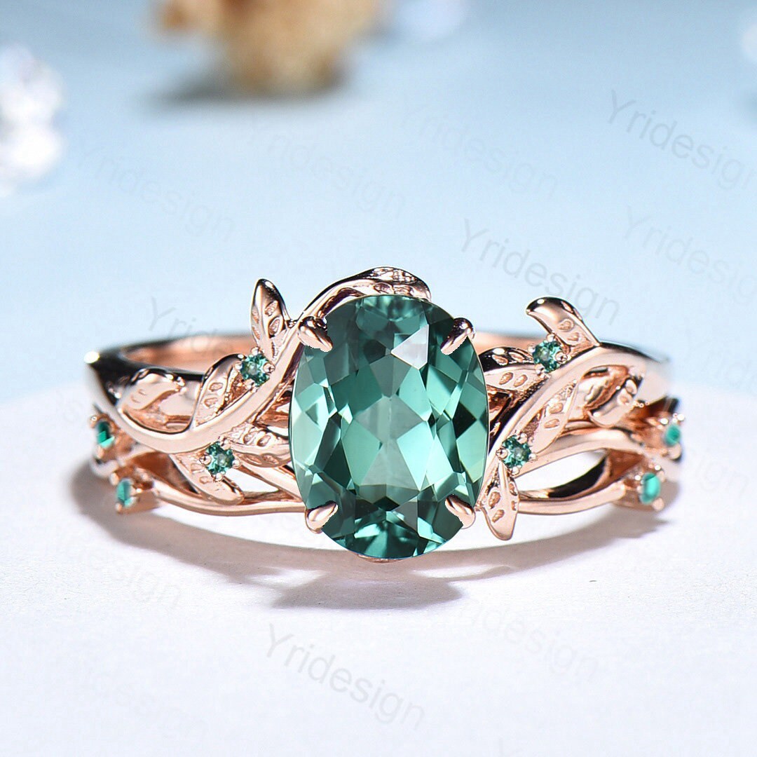 Natural Inspired Leaf green sapphire wedding ring set unique twig branch engagement ring Art deco rose gold cluster emerald women Bridal Set