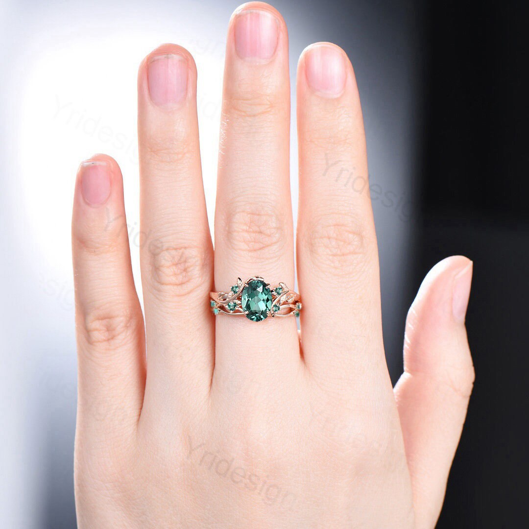 Natural Inspired Leaf green sapphire wedding ring set unique twig branch engagement ring Art deco rose gold cluster emerald women Bridal Set